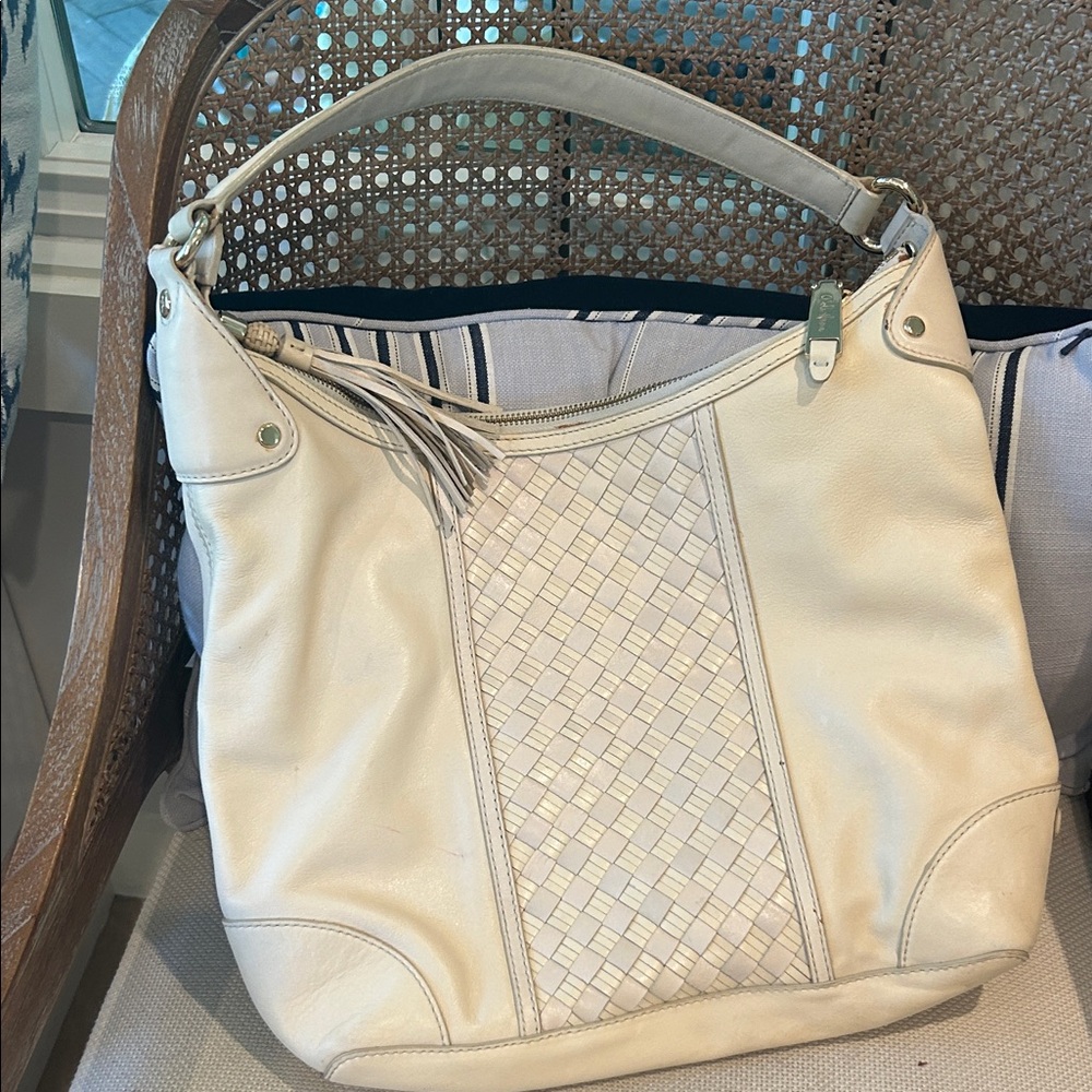 Elegant Cream Woven Leather Shoulder Bag